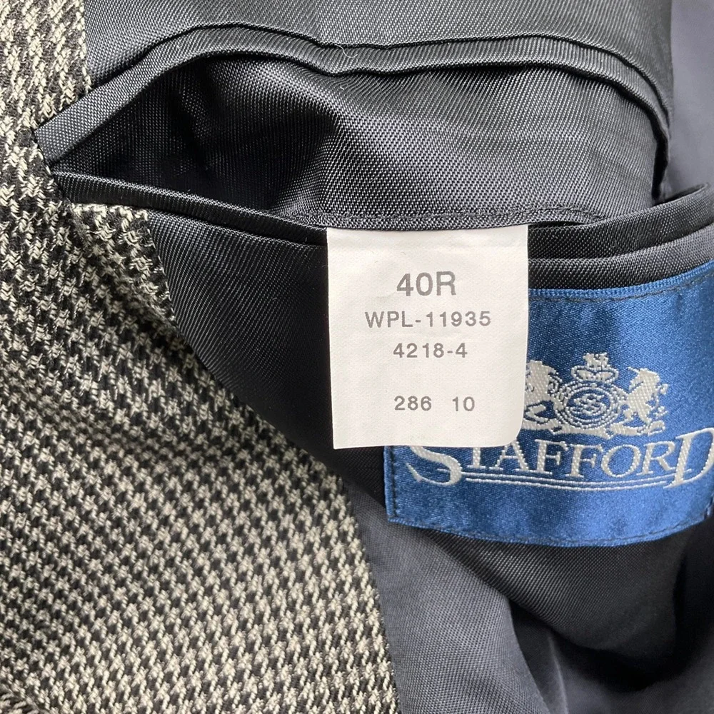 Stafford Blazer Mens 40R Black Gray Houndstooth‎ 2 Button Wool Jacket Sport Coat